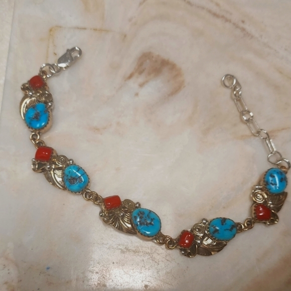 Native American Turquoise and Coral Sterling Silver & Gold Bracelet - Picture 1 of 5